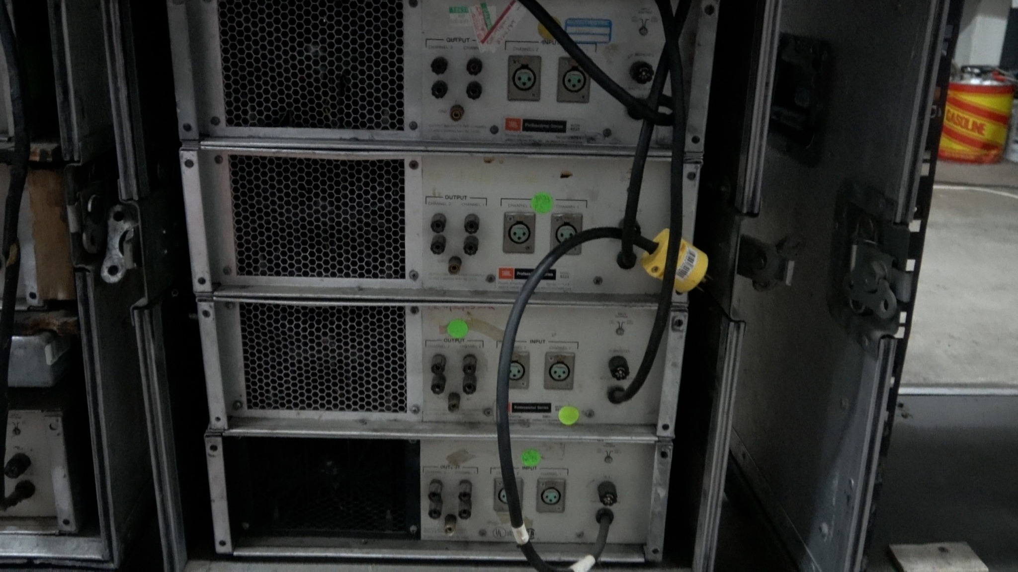 Rear of rack with four working JBL 6233 amplifiers